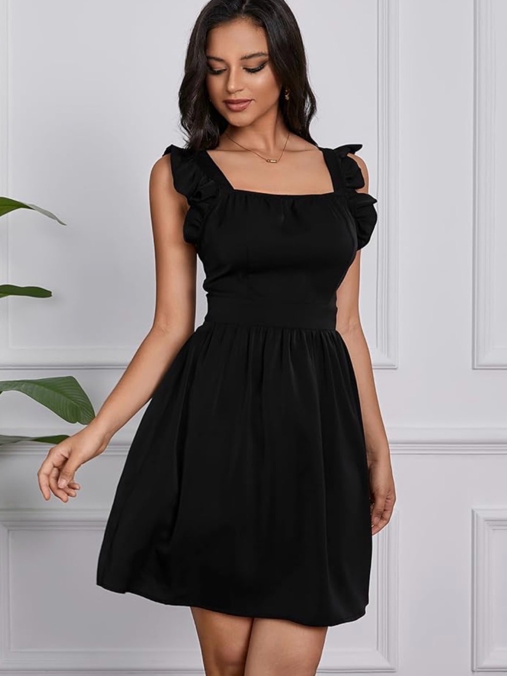 Smocked Waist Black Mini Dress with Ruffle Straps XL 16/18